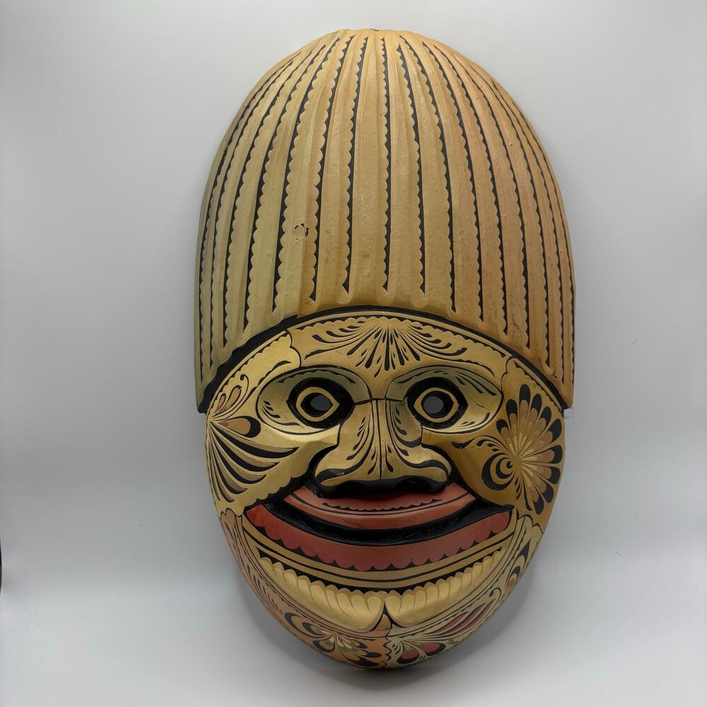 Vintage Hand-Carved Wooden Mask, Folk Art Wall Decor, 13"